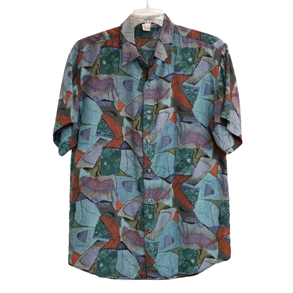 VTG 70s Stefano Man 100% Silk Abstract Geometric Shirt Sz S Eclectic Streetware